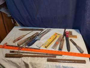 lot 219 image: Hand Tools Lot Saws Files Chisels Drill Bits Pencils Rulers