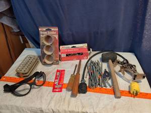lot 221 image: Hand Tools Lot Drum Sander Sleeves Abrasive Chisels Drill Bits Measuring