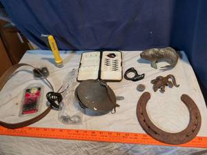 lot 229 image: Extra large metal horseshoe and metal, hanging bird feeder metal fish fountain topper, a metal lizard and assorted other things