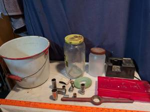 lot 231 image: Enamel bucket vintage, empty pickle jar, socket and tools, Polaris charger