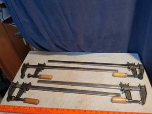lot 239 image: 4 Bar Clamps with Wood Handles and Metal Bars