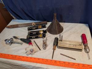 lot 263 image: Mixed Hand Tools and Supplies Lot Nails, Files, Funnel, Wrenches, Drill Bits, 6 in one Air conditioner, radiator condenser