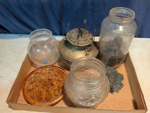 lot 331 image: The base of an oil lamp, frog,  three jars