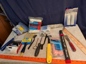 lot 371 image: Painting Tool Lot Brushes, Rollers, Refills, Edger, Scrapers, Tape