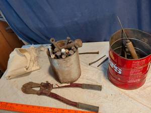 lot 376 image: Lot of Hand Tools Including Bolt Cutters, Vise, Fasteners and Metal Can
