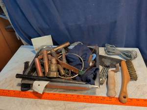 lot 383 image: Mixed Hand Tools and Hardware Lot with Brushes, Wrenches, Bolts, and Cords