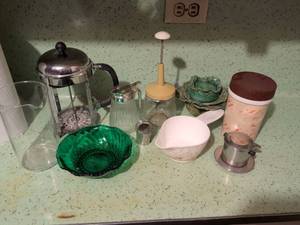 lot 508 image: Kitchen Lot 9 Items French Press Cabbage Bowl Butter Dish Coffee Accessories