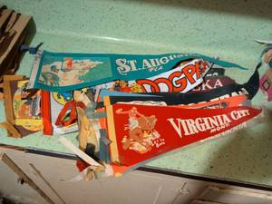 lot 570 image: Lot of Vintage Travel Pennants St Augustine Florida Dogpatch Virginia City flags