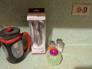 lot 574 image: Sabert mozaik 3 Serving Utensils Set with Pitcher and Salt Pepper Shakers