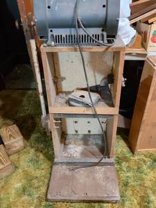 lot 576 image: Bench Grinder on Wood Stand with Carborundum Grinding Wheel Cat. No. HA 32