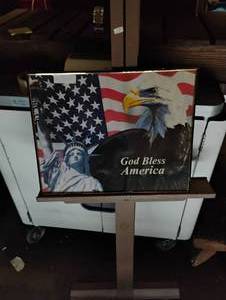 lot 57 image: Picture of Flag with God Bless America, Bald Eagle and Statue of liberty