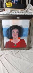 lot 2037 image: Framed drawing of a dark haired lady red shirt white and blue black ground