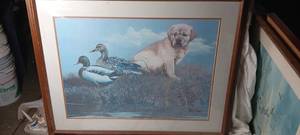 lot 2040 image: Framed Picture of 2 ducks and a dog