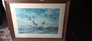 lot 2042 image: The King of Ducks - Cannastack Framed picture of flying ducks