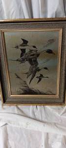 lot 2046 image: Framed Black and white wildlife etching, ducks flying