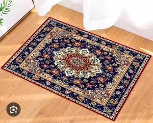 lot 21099 image: Oriental-Style kitchen mat with Navy and Coral Border Pattern - Retail $25