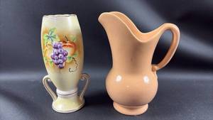 lot 4 image: 2 Ceramic Vessels - Urn and Pitcher Approximately 7 inches tall
