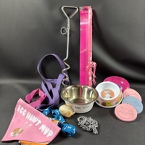 lot 30 image: Pet Care Accessory Lot - Harness Leash Bowl Toys Bandanas and Paw shaped Tray