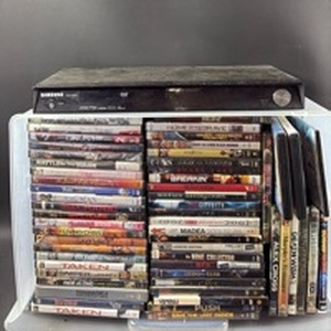 lot 74 image: Samsung DVD-1080P7 DVD Player with 50 Movie DVD Collection Lot