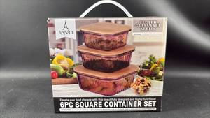 lot 77 image: NIB Glass Food Storage in Cranberry Color with Bamboo Lids