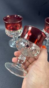 lot 97 image: 3) Vintage Kings Crown Thumbprint ruby-flashed glass stemware