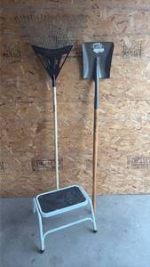 lot 112 image: Like New Rake and Shovel, with Step Stool