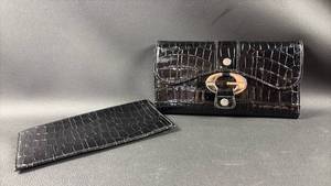 lot 114 image: Vintage Black Croc Embossed Guess Wallet with Silver Tone G Clasp and Checkbook Cover