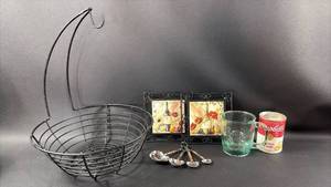 lot 143 image: Wire Fruit Basket with Arched Handle and Kitchen Accessories including Soup Can Safe