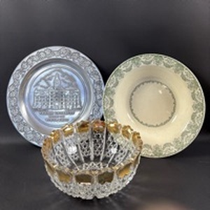 lot 146 image: Decorative Plate of Friends University, Vintage Green Detail Bowl and Gold Trimmed Fruit Bowl