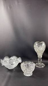 lot 147 image: Pressed Glass Lot includes Slewed Horseshoe Vase (12 Inches Tall)