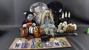 lot 163 image: Creepy Halloween Decor Lot Dolls Skulls Candelabra Candles Welcome Sign