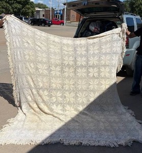 lot 167 image: Heavy Crochet Coverlet with Fringe Queen  Some Yellowing
