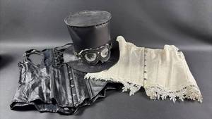 lot 214 image: Steampunk Costume Accessory Set, Top Hat and 2) Corsets