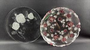 lot 215 image: 2 Decorative Glass Plates with Rose Frosted Floral Relief Design Approximately 13 inches Diameter