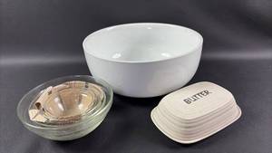 lot 216 image: Better Homes & Gardens Ceramic Salad Bowl, Nesting Glass Bowls and 2 Stick Ceramic Butter Dish