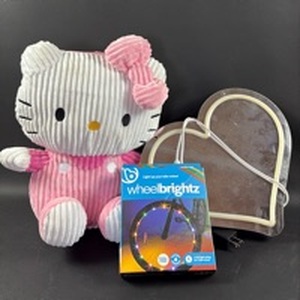 lot 220 image: Hello Kitty Plush Toy with Wheelbrightz LED Bike Wheel Light and Heart Mirror