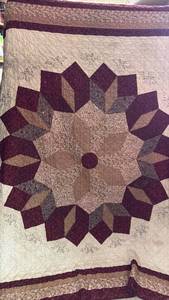 lot 221 image: Quilted Bedding Queen Coverlet with Star Pattern Burgundy Tan Beige
