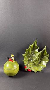 lot 239 image: Decorative Holiday Ceramic Lot - Elf Covered Dish and Holly Leaf Dish