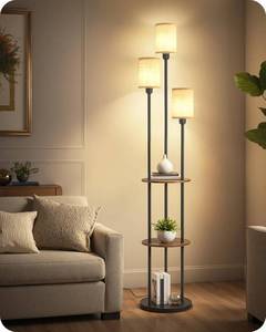 lot 8021 image: 70.9 Floor Lamp with Shelves, 3 Linen Shades, Foot Switch, 3-Light