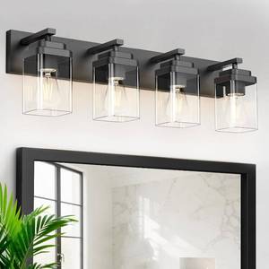 lot 8112 image: Black 4-Light Bathroom Vanity Light Fixtures with Square Backplate  1 Glass Piece broke
