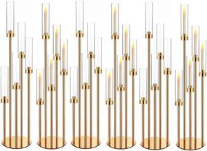 lot 8164 image: 35in 6-Set Gold Candelabra Centerpieces for Tables, 0.9 LED Candle