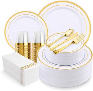 lot 8183 image: 700-Piece Gold Rim Plastic Dinnerware Set for 100 Guests, Party & Wedding