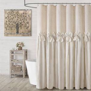 lot 8262 image: Farmhouse Shower Curtain Linen Bow Pleated Beige Stripe 60 x 72