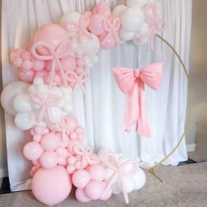 lot 8270 image: Coquette Pink Bow Balloon Arch Kit - 114pc Pastel & White Garland
