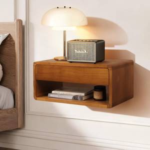lot 8308 image: Floating Nightstand Wall-Mounted Shelf, Pine Wood Bedside, 17.5x9.5x8 Brown