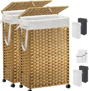 lot 8343 image: Brown 70L Slim Laundry Hamper with Lid, Wheels, and 4 Removable Liners