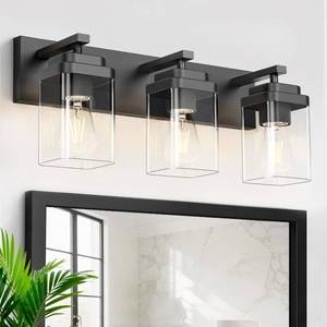 lot 8394 image: Black Bathroom Light Fixtures, 3-Light Over Mirror, Square Backplate