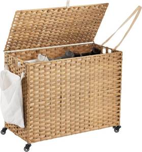 lot 8419 image: Rolling Laundry Hamper, 52.8 Gal, Lid, 3 Liners & Mesh Bags, Natural