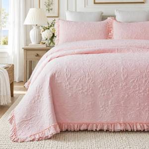 lot 8439 image: Brandream Pink Ruffled Quilt Set Queen Cotton Floral Stitched Coverlet 3PC
