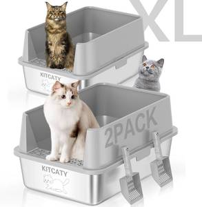 lot 8459 image: 2PACK Stainless Steel Litter Box, Metal Litter Boxs with Lid High Sides
